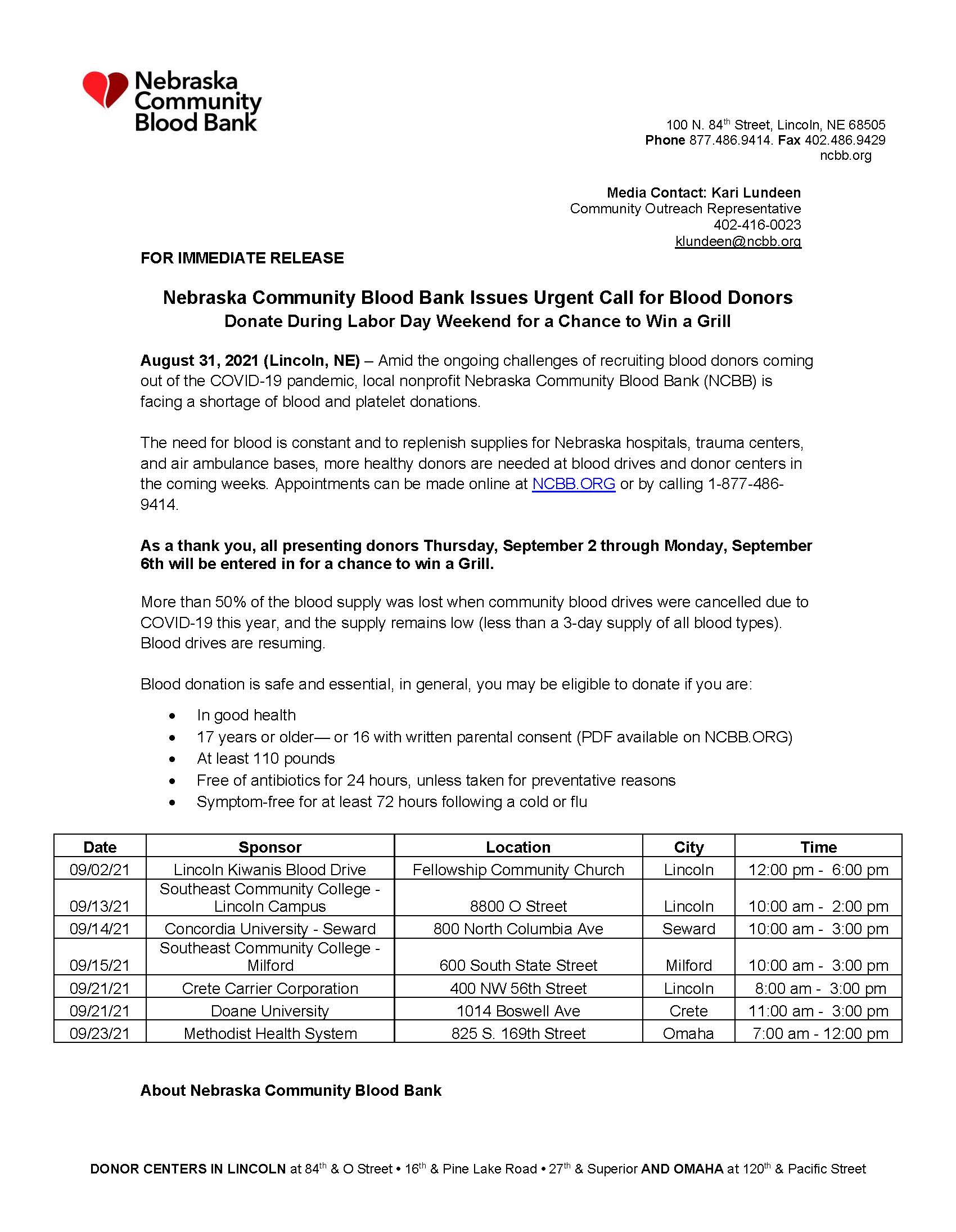 NCBB Public Blood Drives in September Page 1