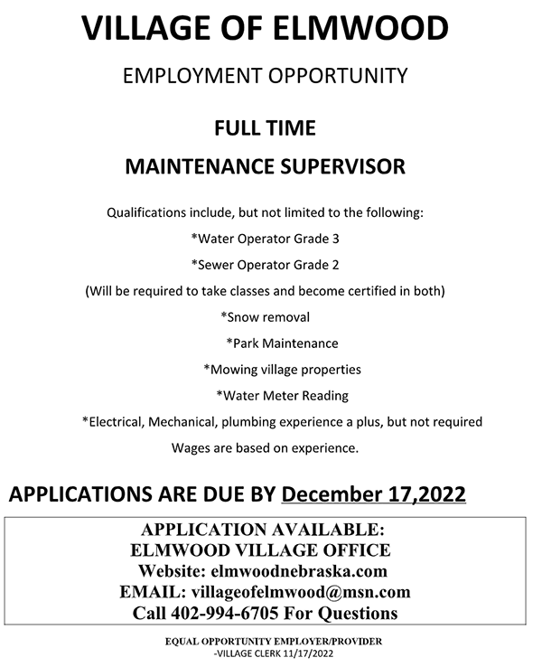 Village of Elmwood employment 11 2022sm