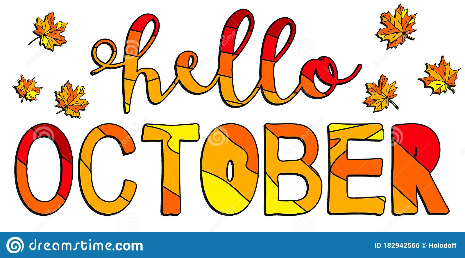 hello october funny cartoon inscription maple leaves hello october funny cartoon inscription maple leaves red orange 182942566