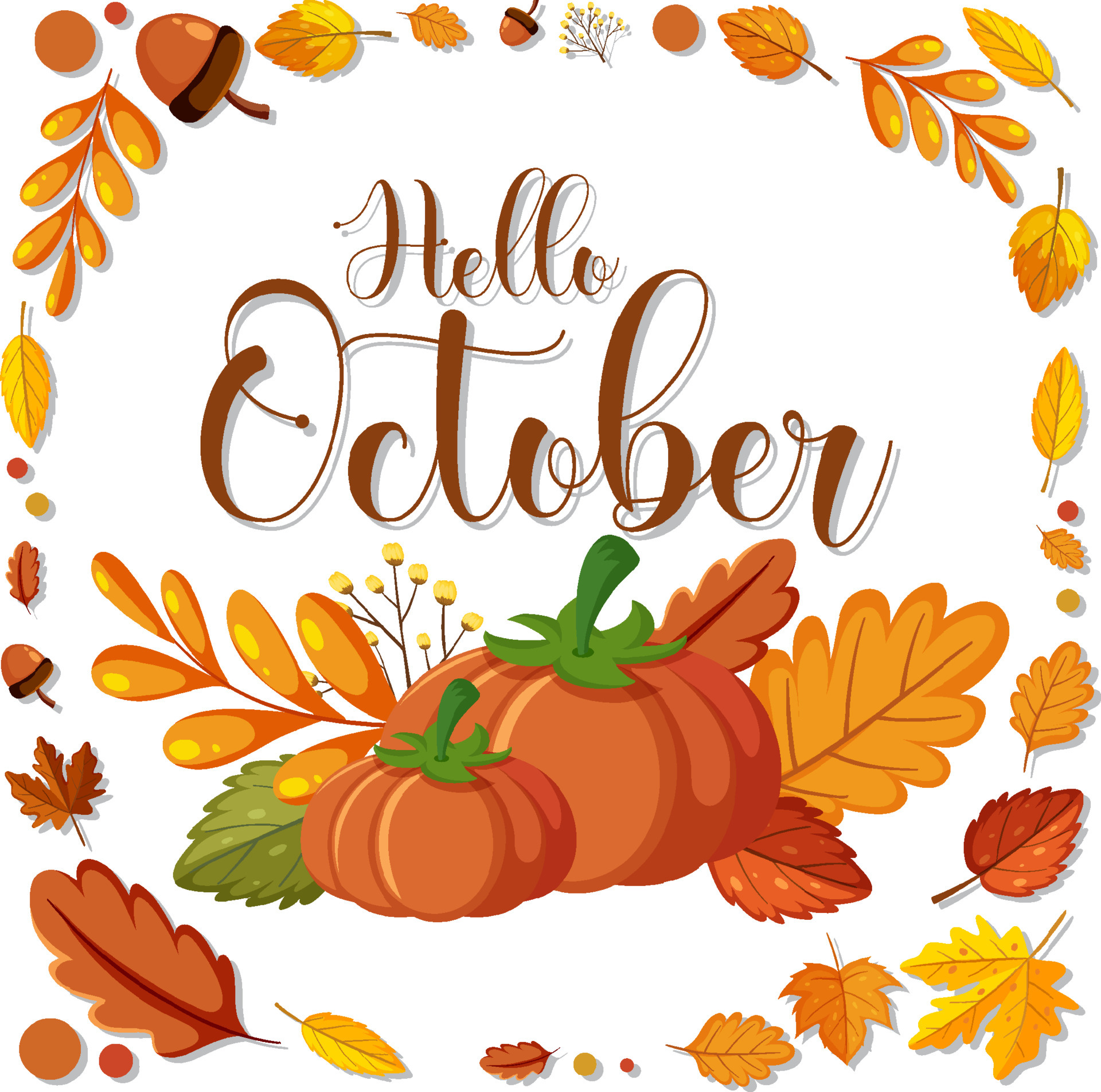 hello october with ornate of autumn leaves frame free vector