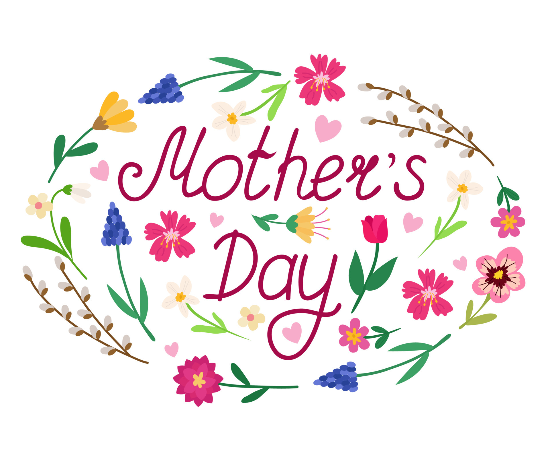 inscription mother s day lettering decorated with leaves flowers muscari peonies willow hearts festive clipart for t shirts posters postcards free vector